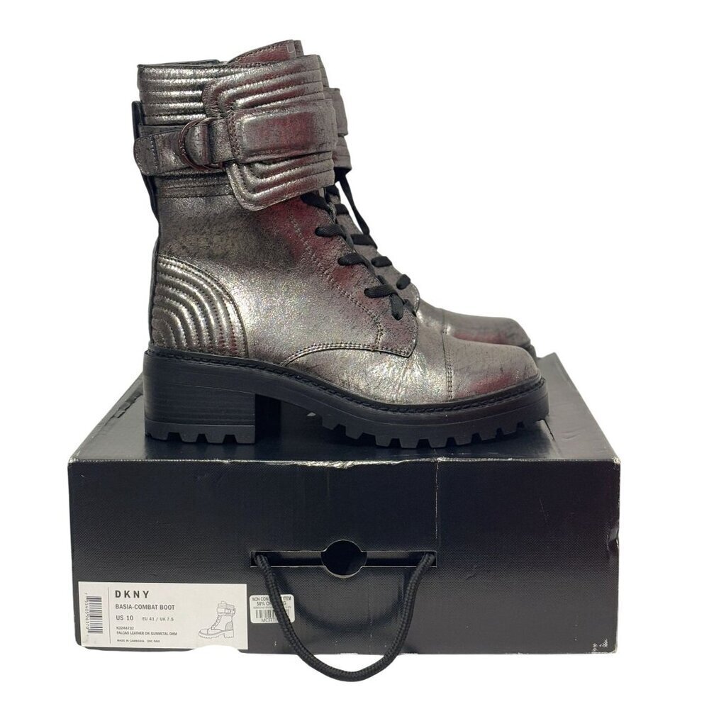 DKNY / Basia Combat / Metallic / Boots With Side Zipper & Buckle Straps / Ancle - Picture 8 of 9